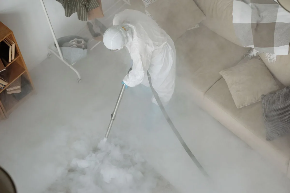 Biohazard cleanup technician in protective equipment, Battle Ground, WA
